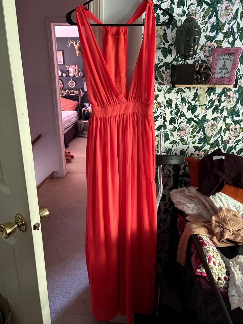 Orange Maxi Dress with Deep V Neck